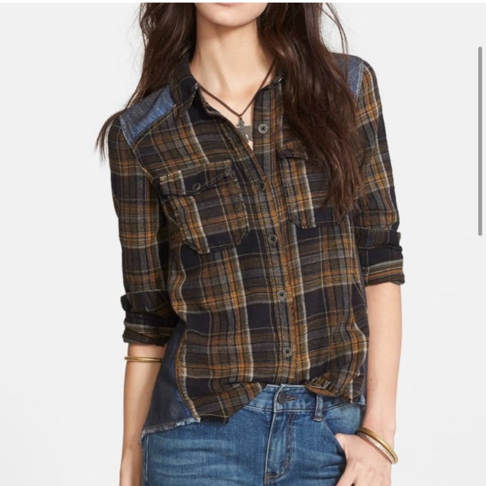 Free People Road Trip Getaway Green Plaid Flannel Denim Shirt M
